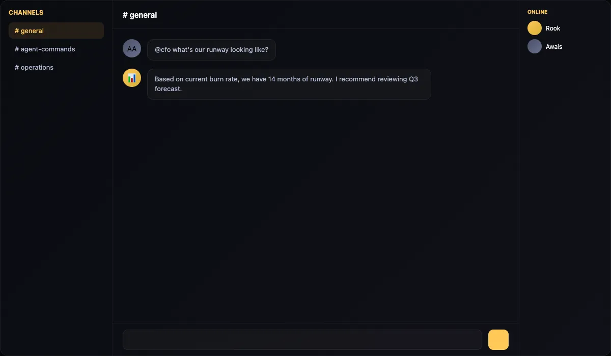 FuseIQ Communications Hub showing channels sidebar and chat messages