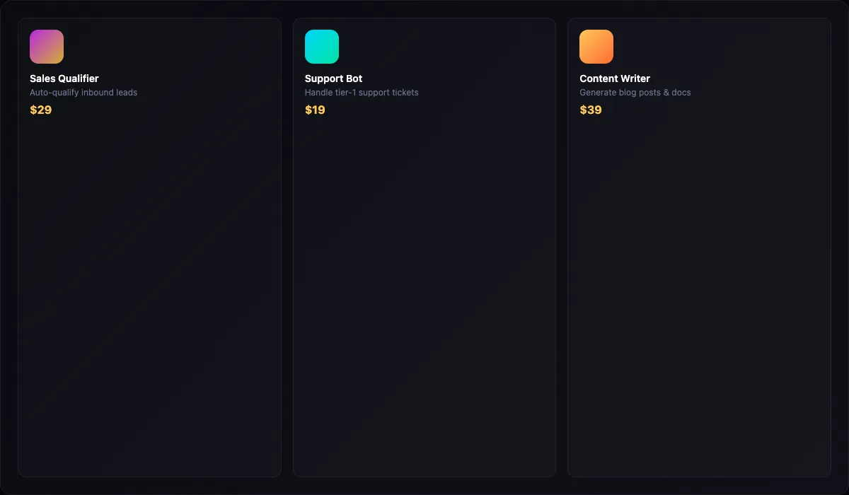 FuseIQ Marketplace displaying pre-built AI agent templates