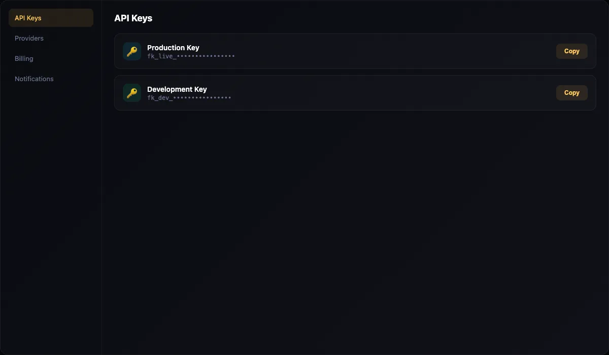 FuseIQ Settings panel showing API Keys section with masked keys