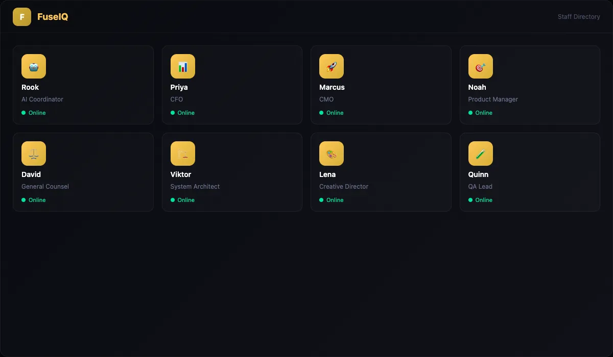 FuseIQ Staff Directory showing connected AI agents with online status indicators